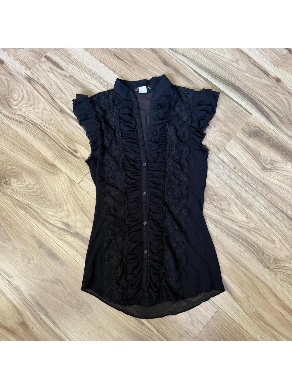 Volume One Juniors Black Mesh Ruffle Lace Button Top Y2K Whimsigoth Goth M